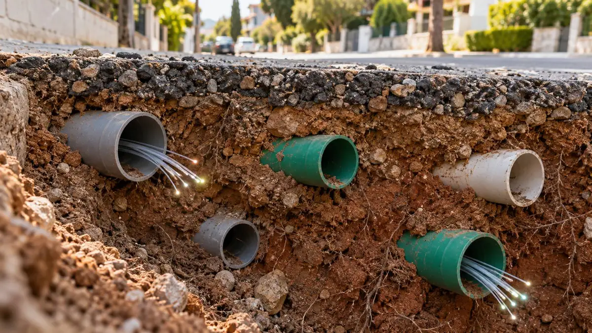 דופן של חפירה ליד מדרכה עם שכבות אדמה וצינורות מגן, שמתוך שניים מהם יוצאים סיבים אופטיים דקים